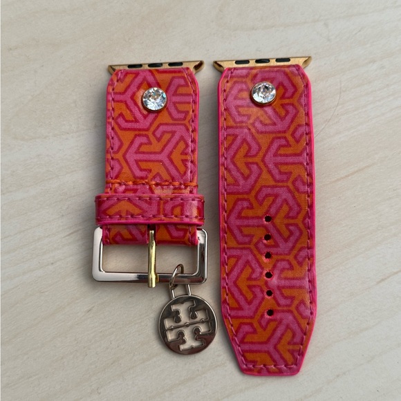 Upcycled Tory Burch pink/orange watch band with charm - Picture 1 of 3